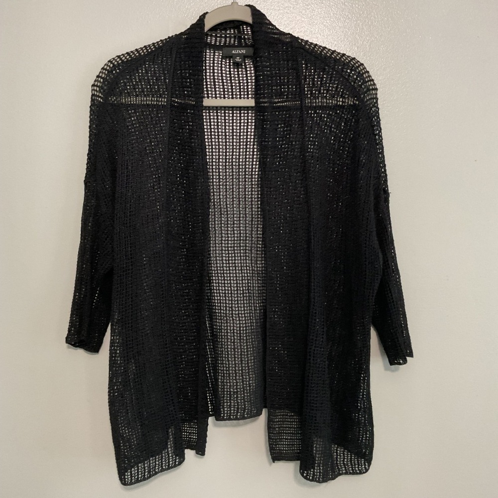 Alfani‎ Cardigan Women Petite Small PP Black Open Front Mesh Knit 3/4 Sleeve